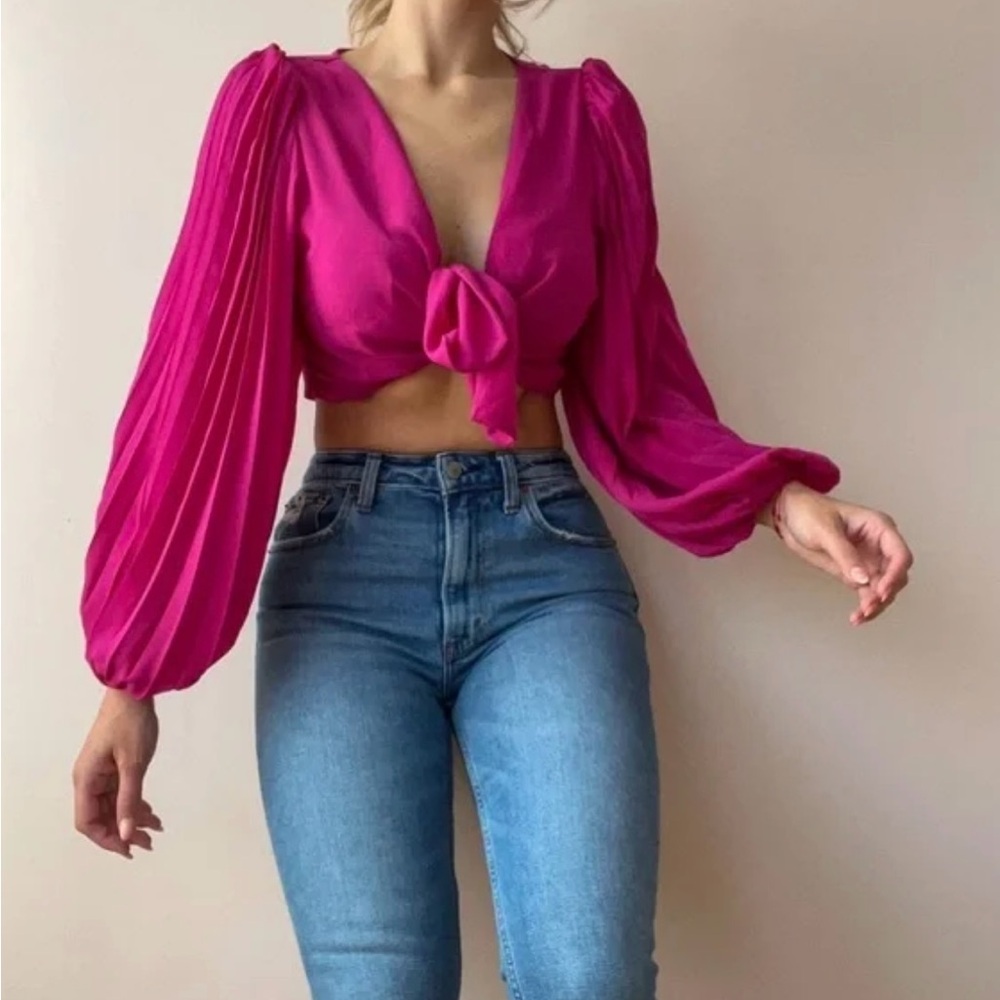 Express Pink Crop Blouse with Long Sleeves and Tie Front (X5)